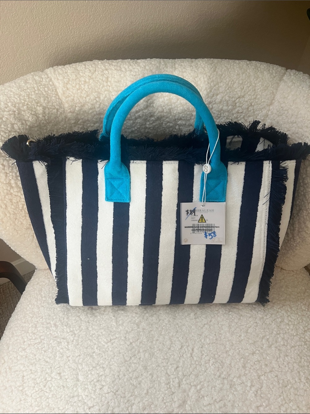 Shiraleah Striped Navy & White Tote with Turquoise Handles